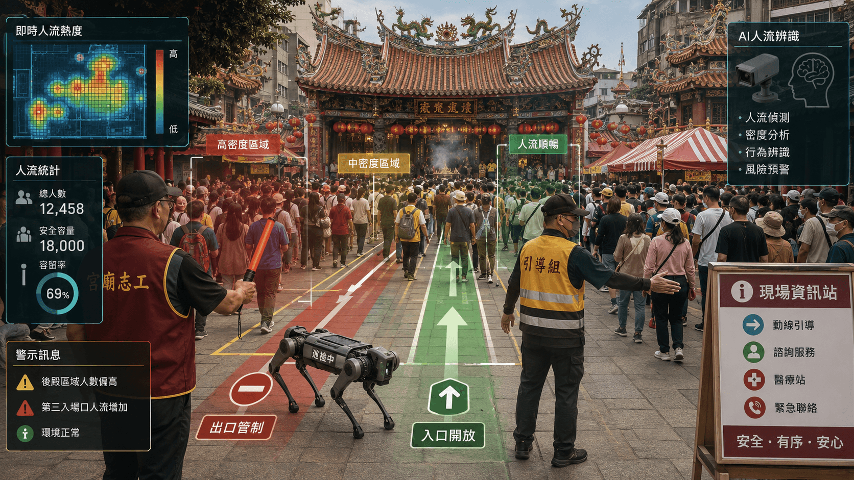 大型宮廟祭典以 AI 人流辨識協助分流的情境示意