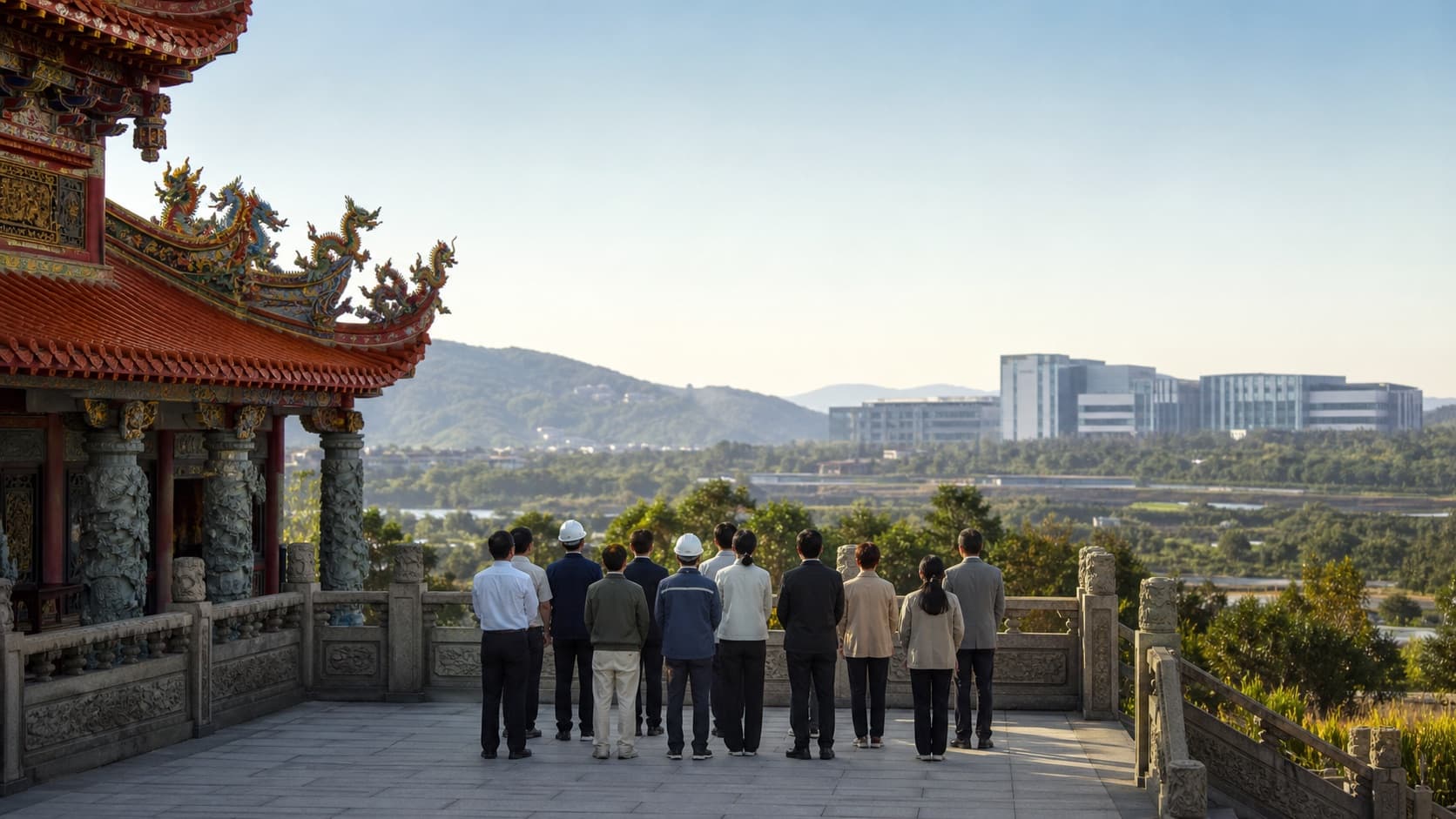 傳統臺灣宮廟與現代科技園區共處的遠景